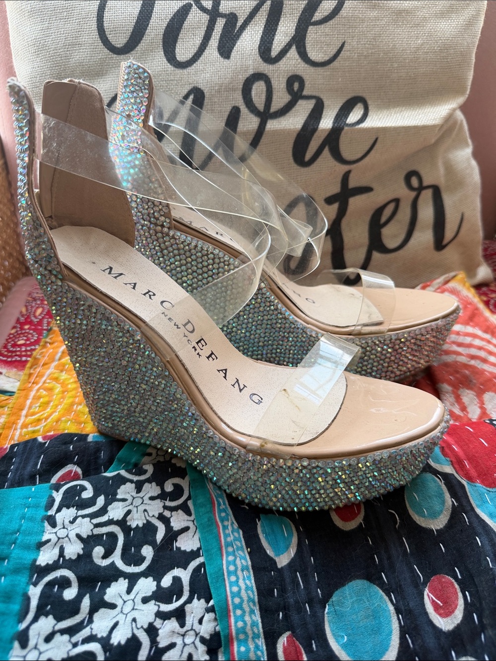 Marc Defang Nude Iridescent Crystal Wedge Sandals
